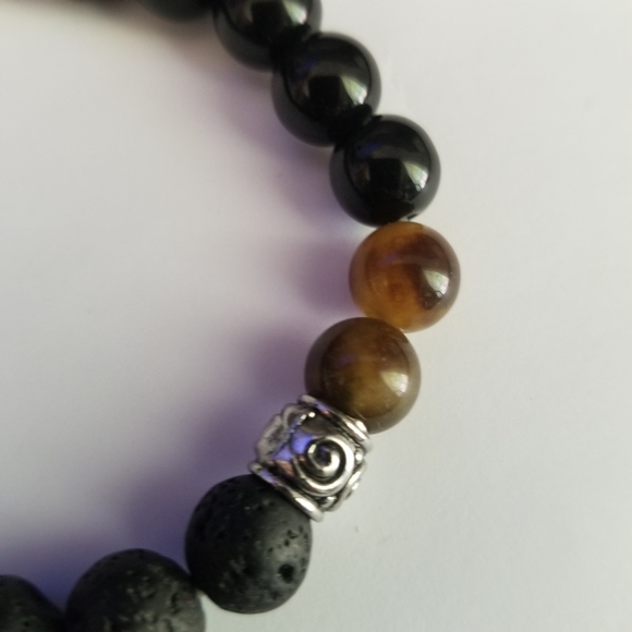 Gemstone beads stretch bracelet black orange lava silver tone - Picture 6 of 9